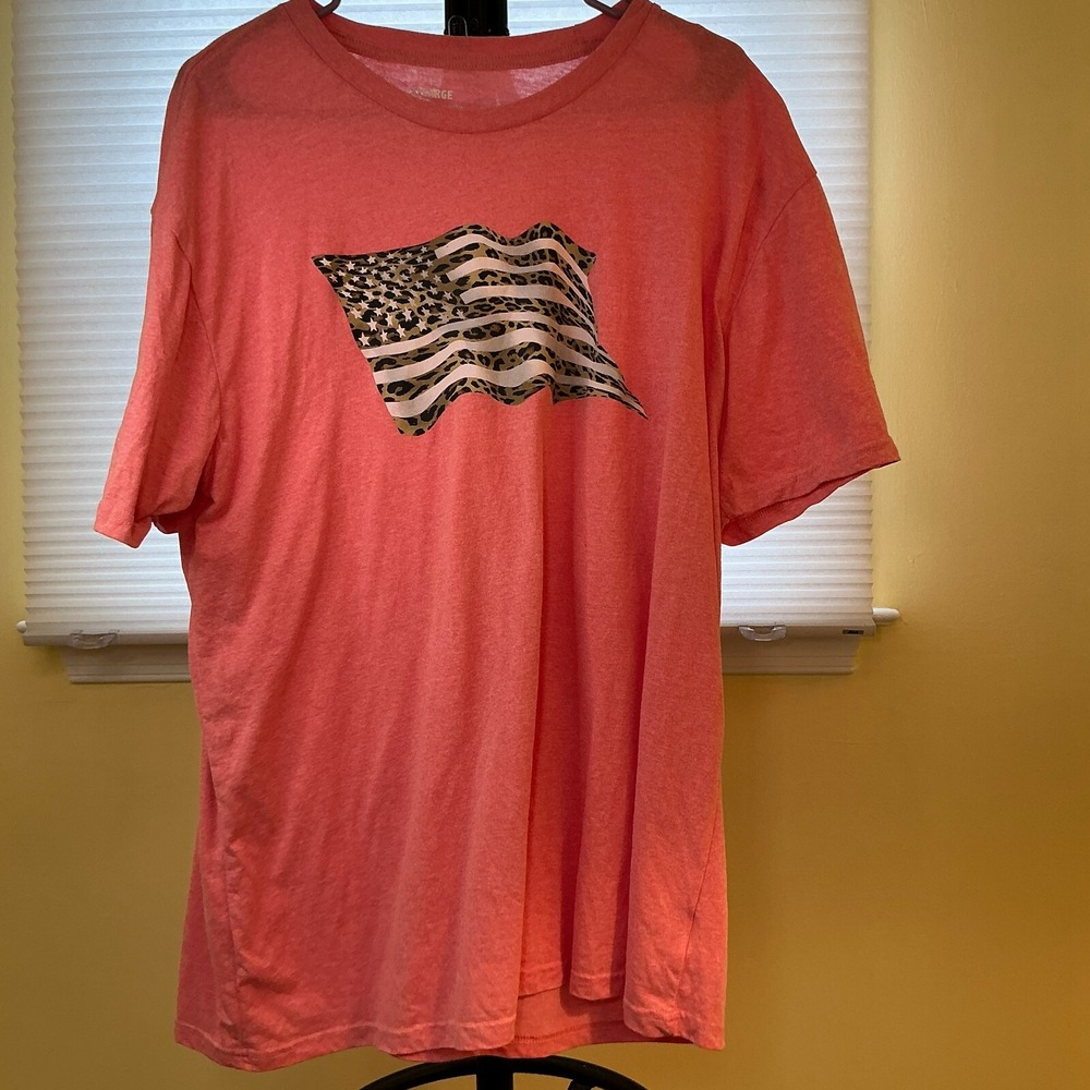 Womens T-Shirt XL American Flag Cheetah Print Peach Casual Short Sleeve Pullover